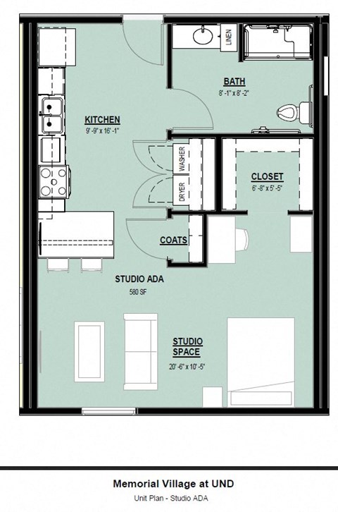 Floor plan for studio, 1 bath, 580 sqft